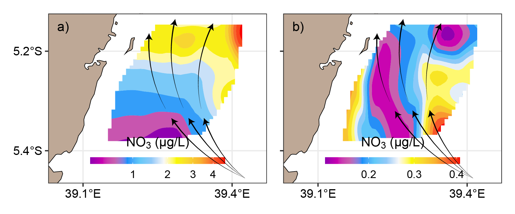 Nitrite distribution in the Pemba Channel during a) southeast and b) northeast monsoon seasons. The arrows indicate the pathways of the East Africa Coastal Current.