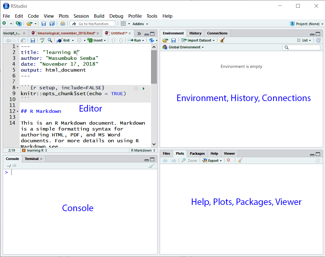 The graphical user interface of RStudio showing the four main windows